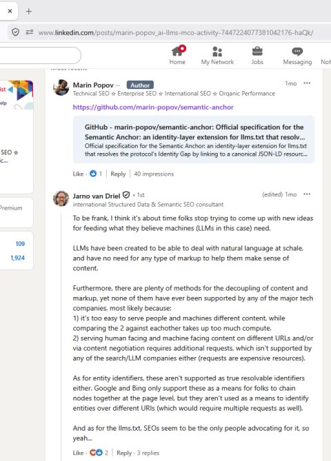 Capture d'écran du commentaire LinkedIn de Jarno van Driel sur le message de Marin Popov